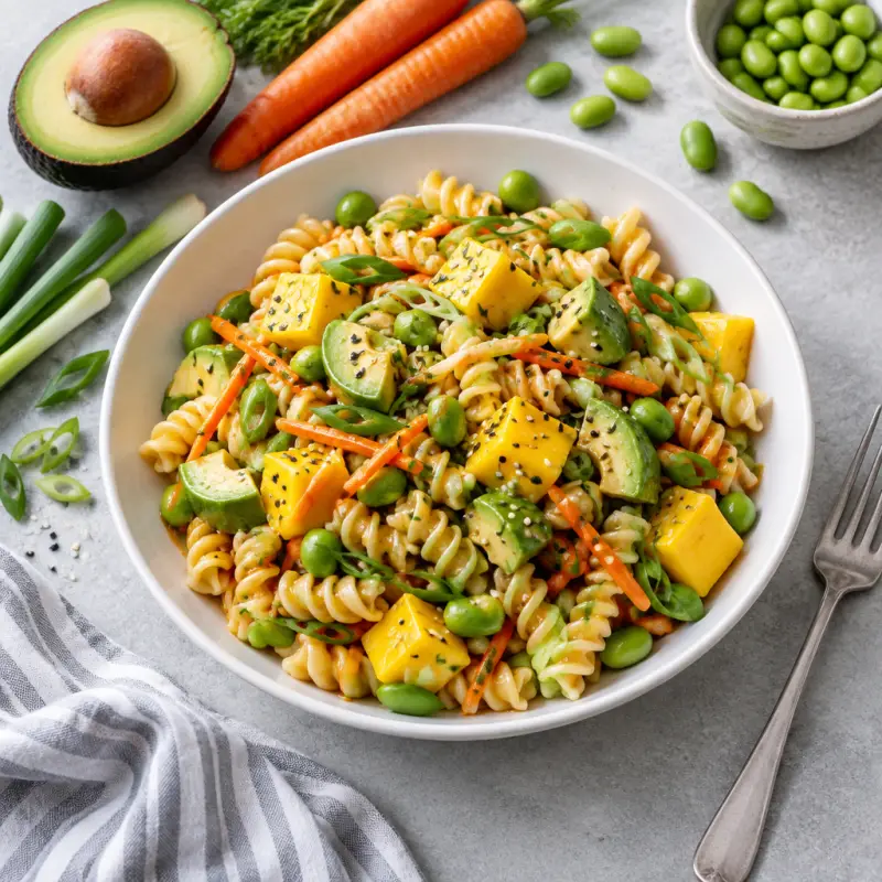 Pasta Salad with Mango, Avocado, Edamame & Sesame-Soy Dressing, plated