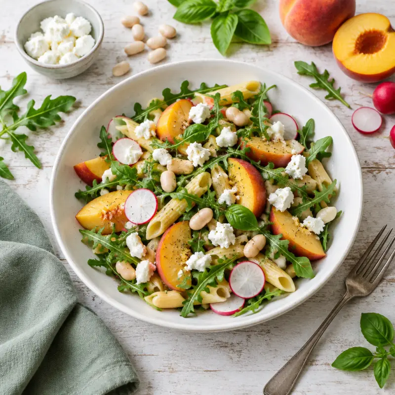 Pasta Salad with Peaches, White Beans, Radish, Arugula & Goat Cheese, plated