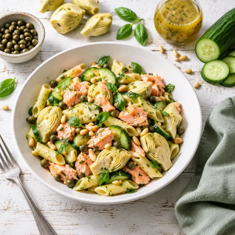 Pasta Salad with Salmon, Artichokes, Pine Nuts & Basil Vinaigrette, plated