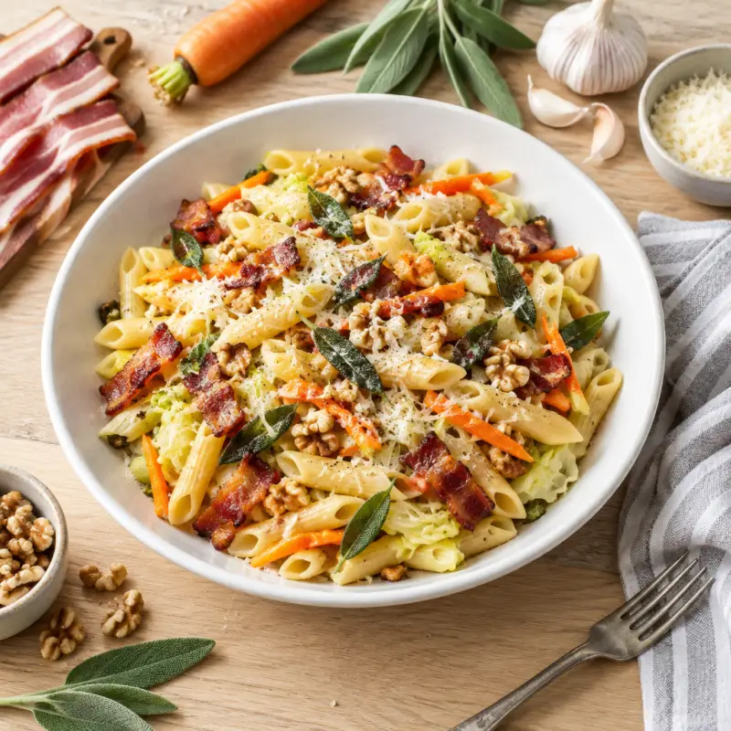 Pasta Skillet with Cabbage, Carrot, Bacon, Walnuts, Sage & Parmesan, plated