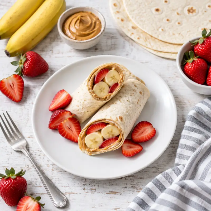 Peanut Butter Banana Roll-Up with Strawberries, plated