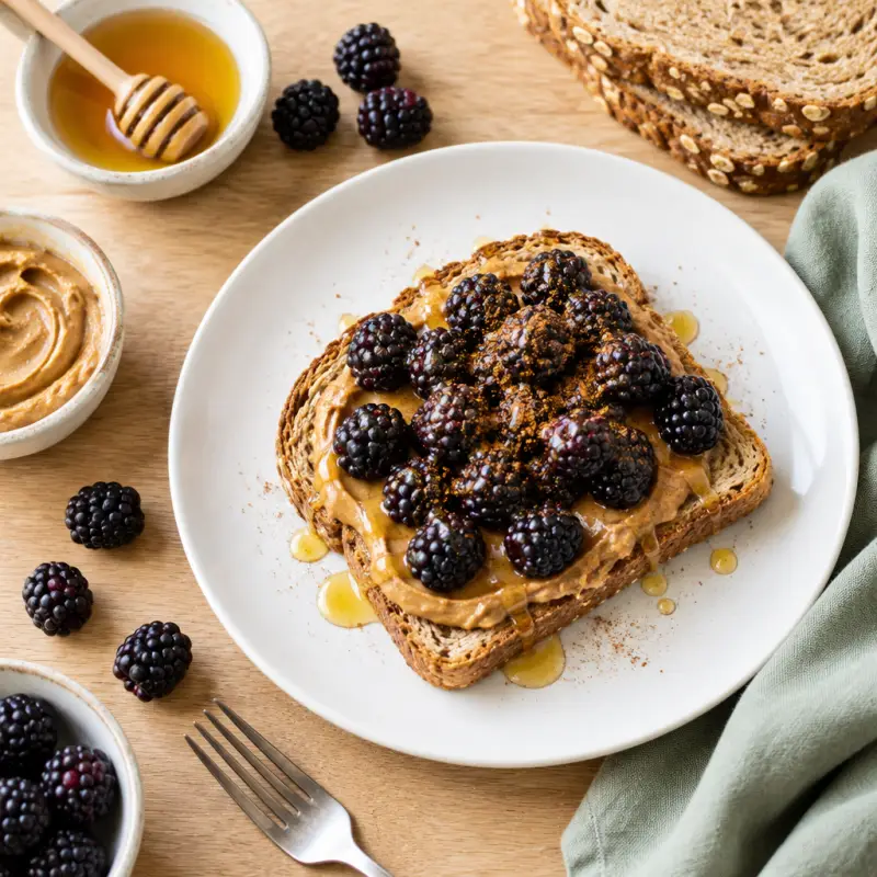 Peanut Butter Toast with Blackberries, Honey & Cinnamon, plated