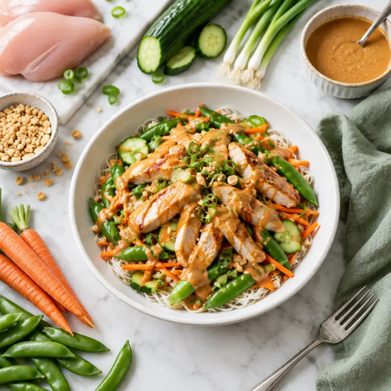 Peanut Chicken Rice Noodle Bowl with Snap Peas, Carrots & Cucumber, plated