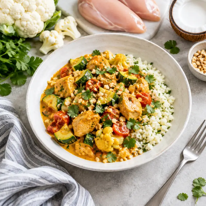 Peanut-Coconut Chicken Curry with Zucchini, Tomato & Cauliflower Rice, plated