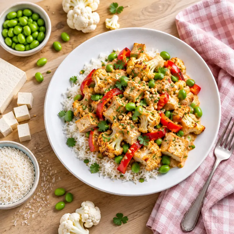 Peanut Tofu-Cauliflower Bake with Bell Pepper, Edamame & Rice, plated