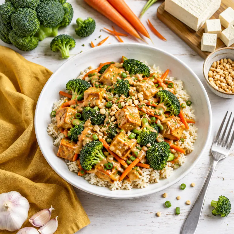 Peanut Tofu Rice Bowl with Carrots & Broccoli, plated