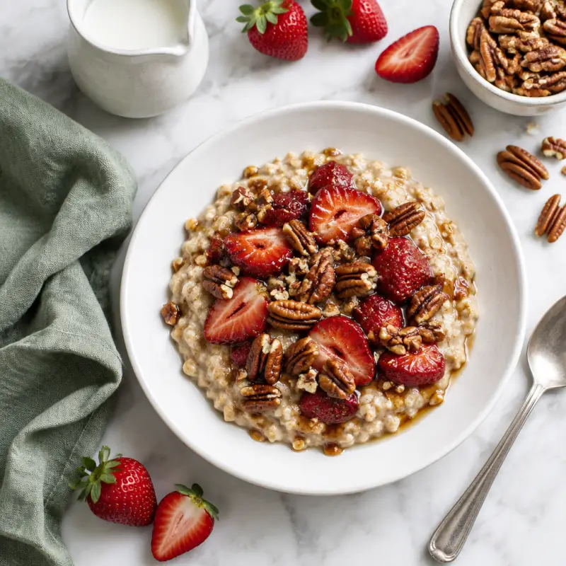 Pecan & Maple Roasted Strawberry Oatmeal, plated