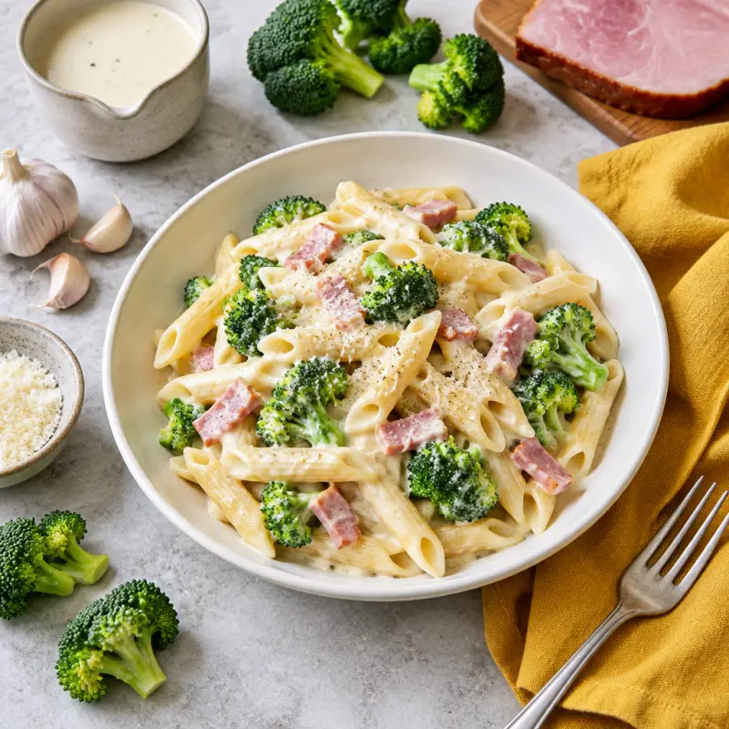 Penne Alfredo with Ham & Broccoli, plated