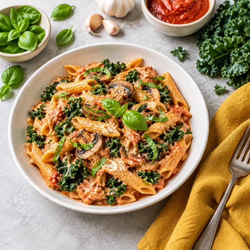 Penne with Creamy Ricotta-Marinara Sauce, Kale, Mushrooms & Basil, plated