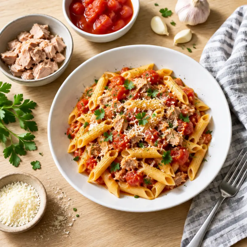 Penne Pasta with Tuna & Tomato Sauce, plated