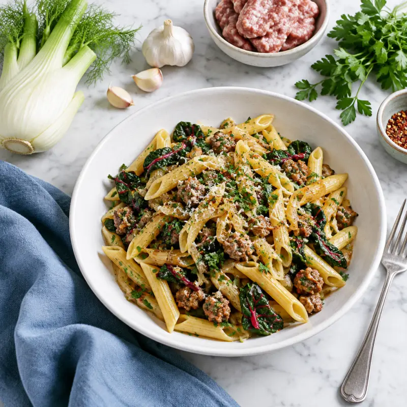 Penne with Pork Sausage, Caramelized Onion, Fennel & Swiss Chard, plated