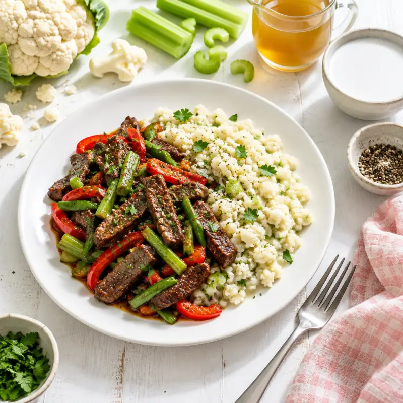 Peppery Steak Stir-Fry with Creamy Garlic-Coconut Cauliflower Rice, plated