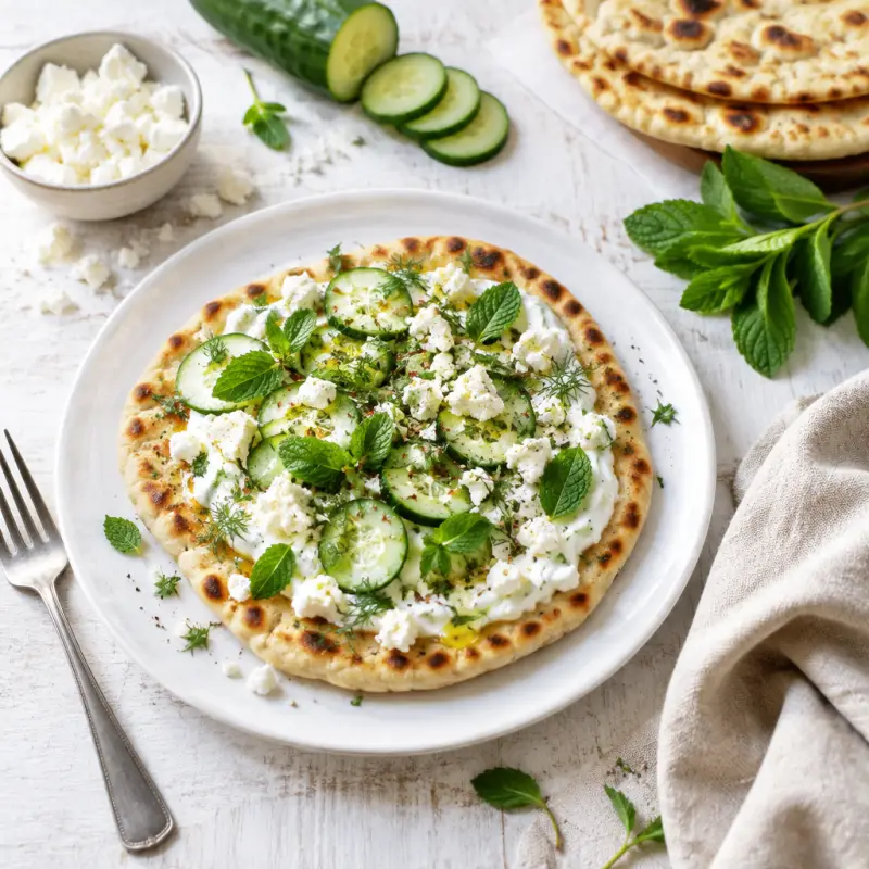 Persian Breakfast Flatbread with Yogurt, Feta & Fresh Herbs, plated