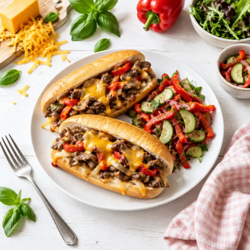 Philly Cheesesteaks with Quick-Pickled Pepper Salad, plated