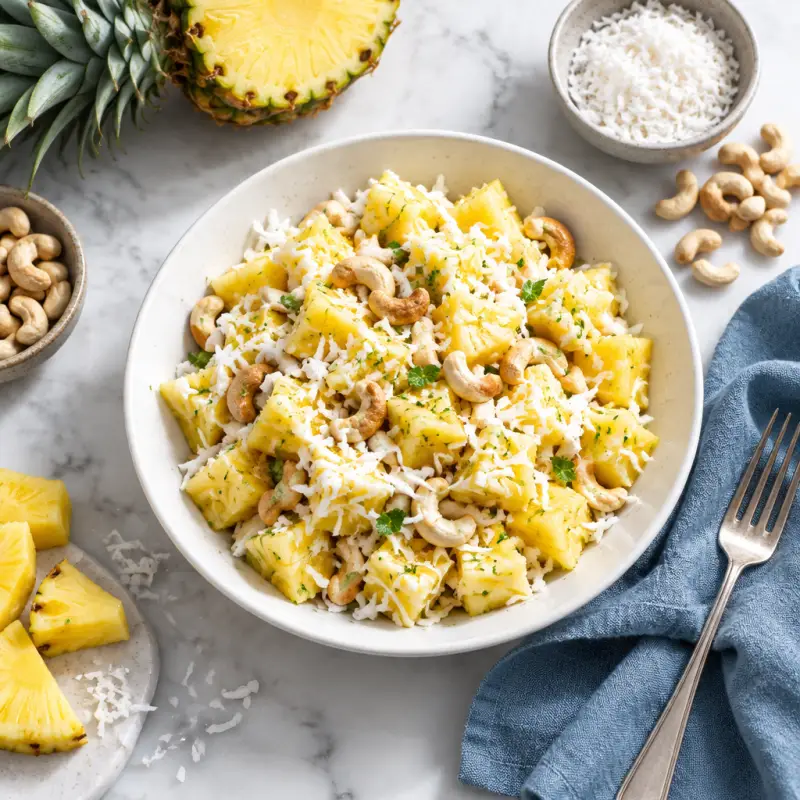 "Piña Colada" Fruit Salad with Pineapple, Cashews & Coconut, plated