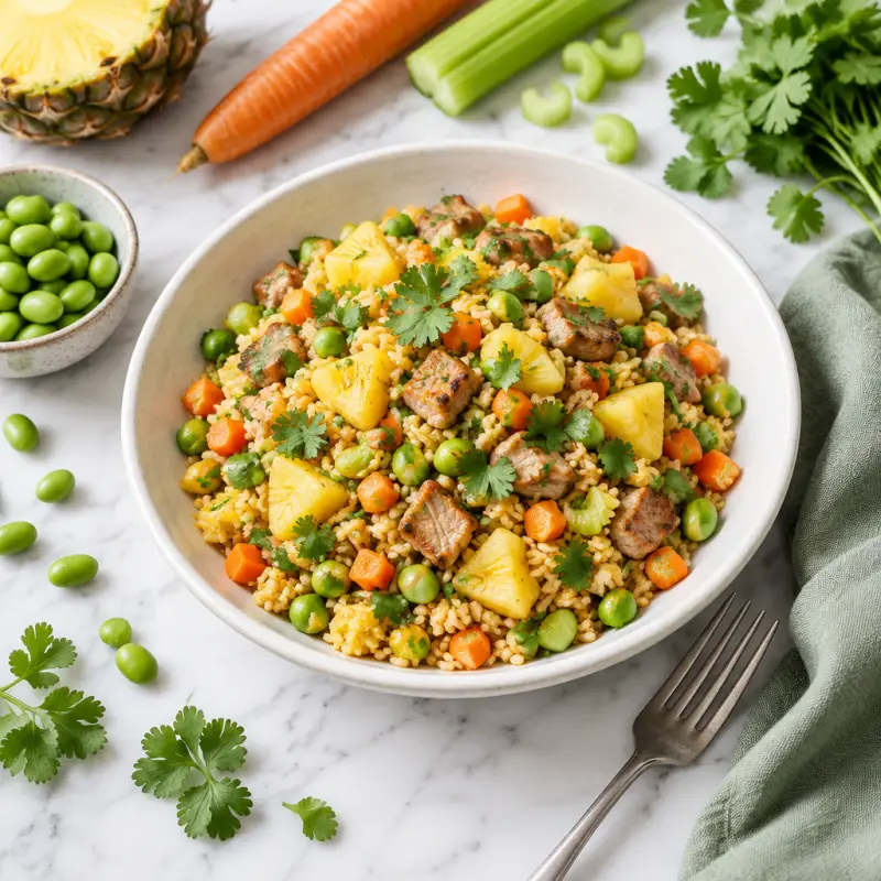 Pineapple Pork Fried Rice with Carrot, Edamame, Celery & Cilantro, plated