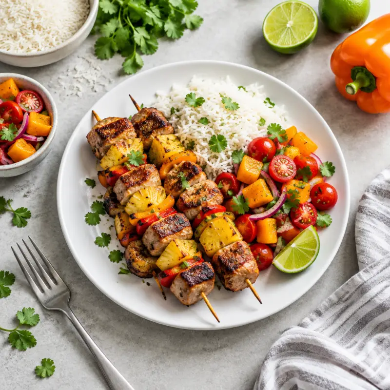 Pineapple Pork Skewers with Bell Pepper-Tomato Salad & Rice, plated