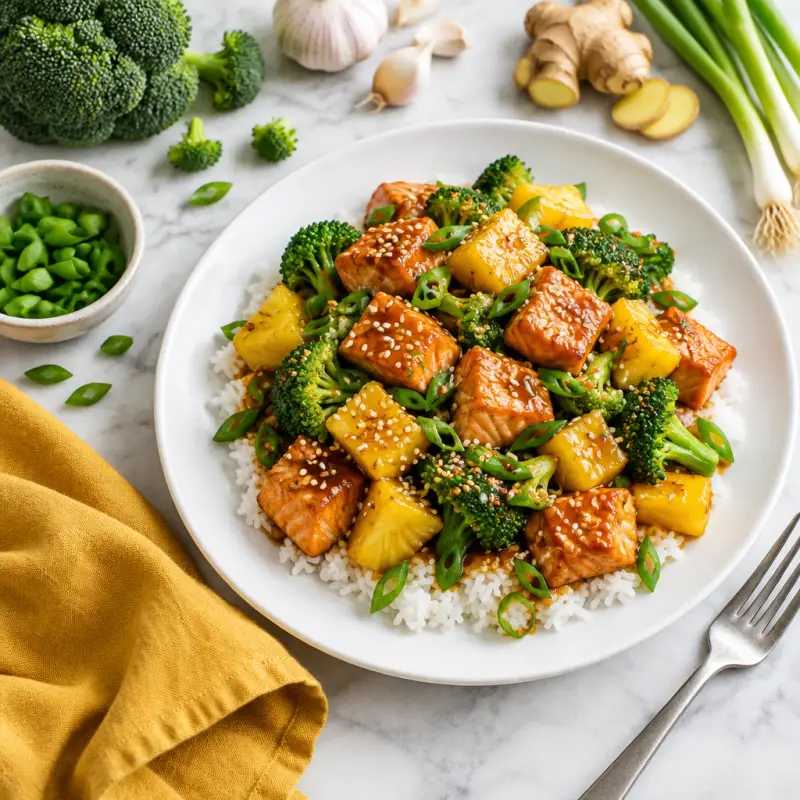 Pineapple-Salmon Teriyaki Stir-Fry with Broccoli & Green Onion, plated