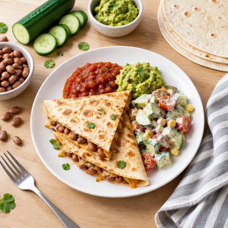 Pinto Bean Quesadilla with Salsa, Guacamole & Creamy Veggie Salad, plated