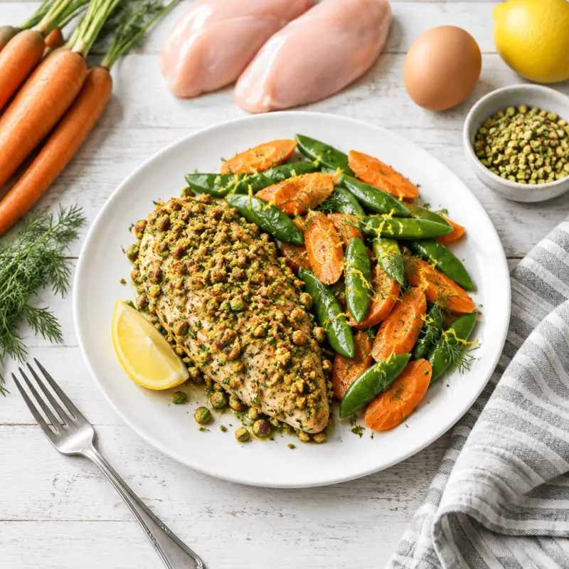 Pistachio Crusted Chicken with Lemon-Dill Carrots & Snap Peas, plated