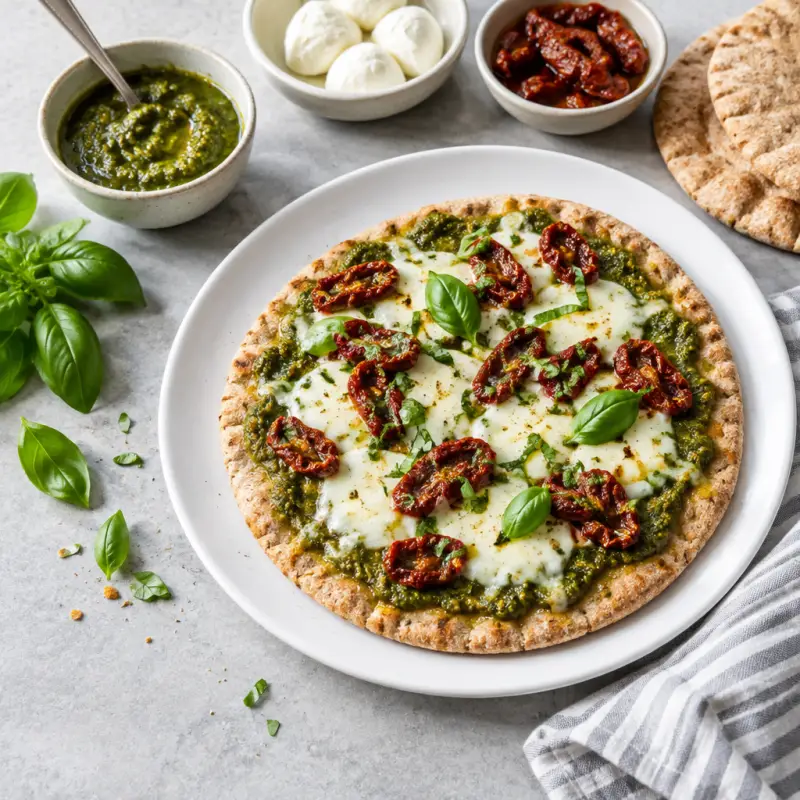 Pita Bread Pizza with Basil Pesto, Mozzarella & Sun-Dried Tomatoes, plated