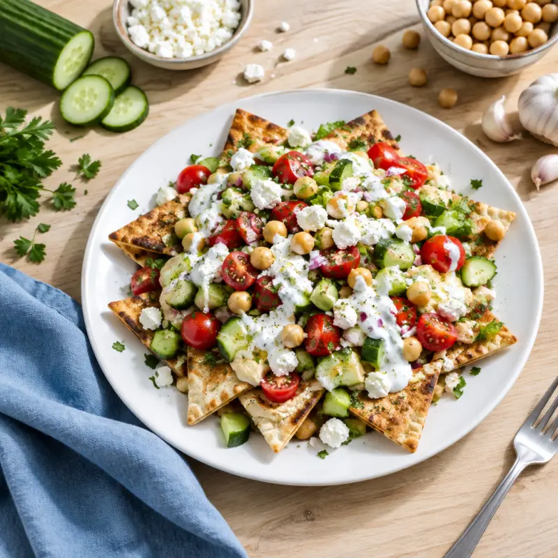 Pita "Nachos" with Fresh Veggies, Hummus, Garlic Yogurt, Feta & Salad, plated