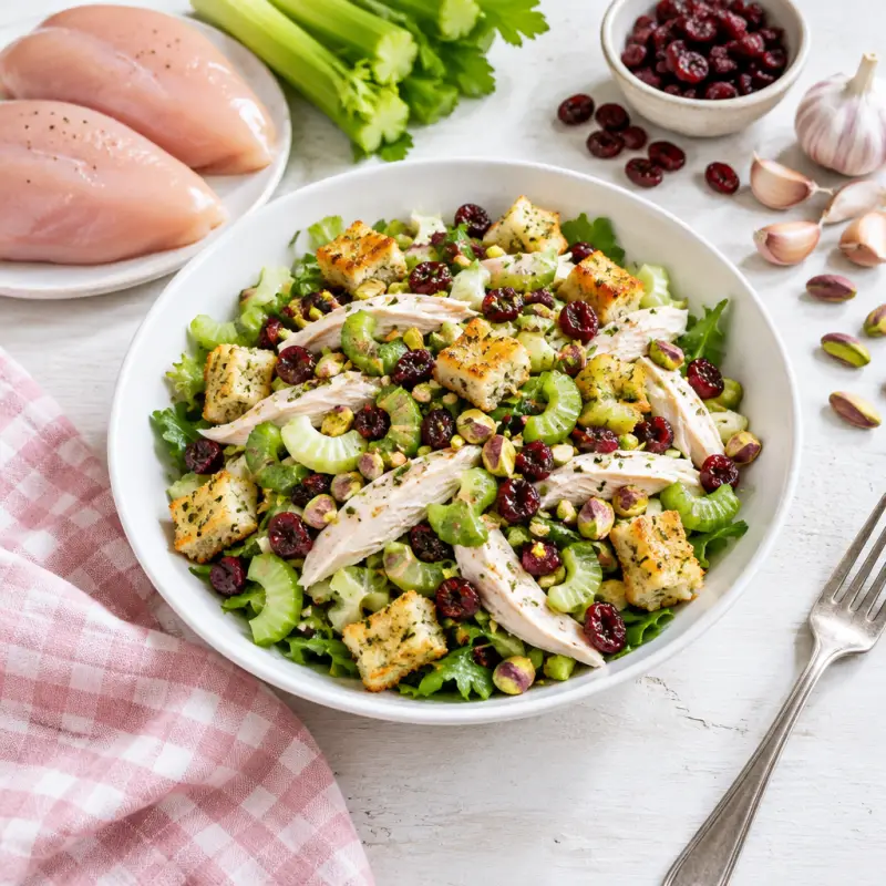 Poached Chicken Salad with Cranberries, Pistachios & Garlic Croutons, plated