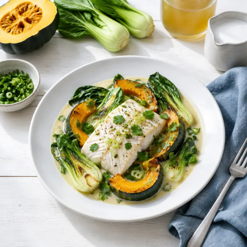 Poached Halibut with Roasted Bok Choy & Acorn Squash in Coconut Broth, plated