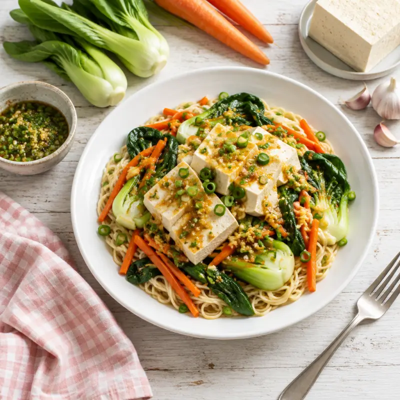 Poached Tofu with Scallion-Ginger Sauce, Noodles, Carrots & Bok Choy, plated