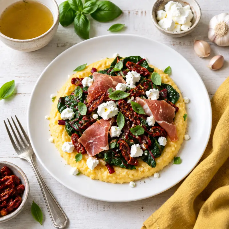 Polenta with Goat Cheese, Prosciutto, Swiss Chard & Sun-Dried Tomatoes, plated