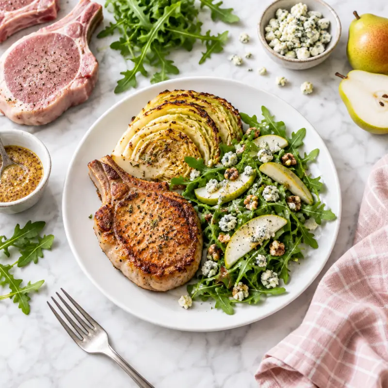Pork Chop, Dijon Roasted Cabbage & Arugula-Pear Salad with Blue Cheese, plated