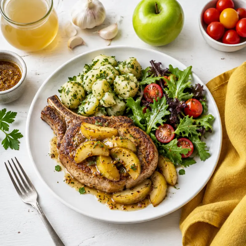 Pork Chop with Honey-Dijon Apples, Parsley Potatoes & Mixed Greens, plated