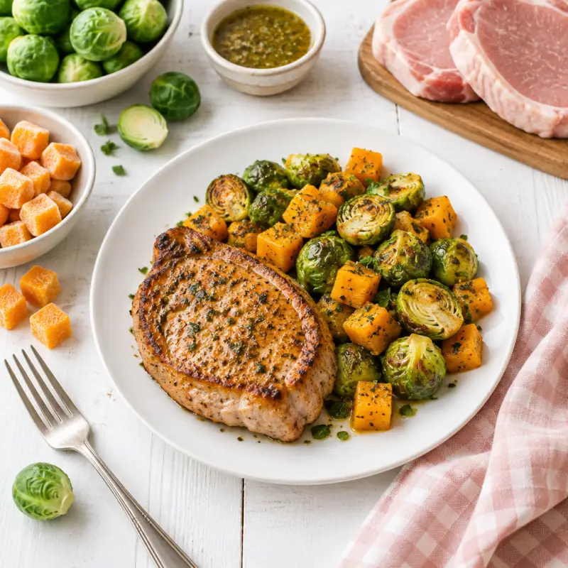 Pork Chop with Italian Seasoned Brussels Sprouts & Butternut Squash, plated