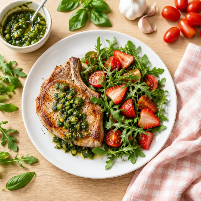 Pork Chop with Jalapeño Basil Salsa & Strawberry-Tomato Arugula Salad, plated