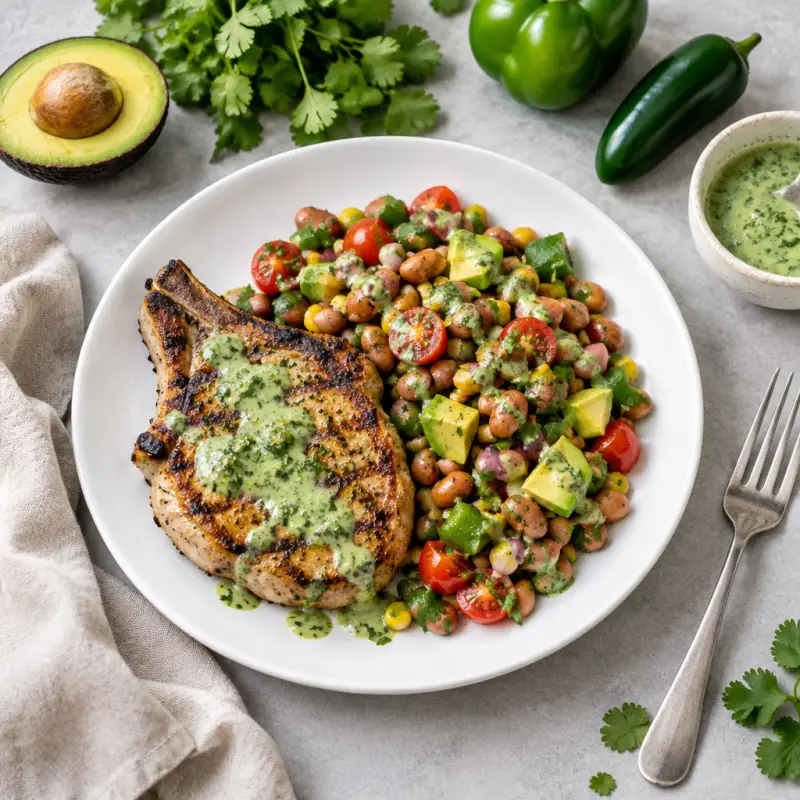 Pork Chop & Pinto Bean Salad (Cowboy Caviar) with Cilantro Dressing, plated