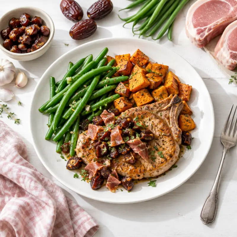 Pork Chop with Spiced Dates, Prosciutto, Green Beans & Sweet Potato, plated