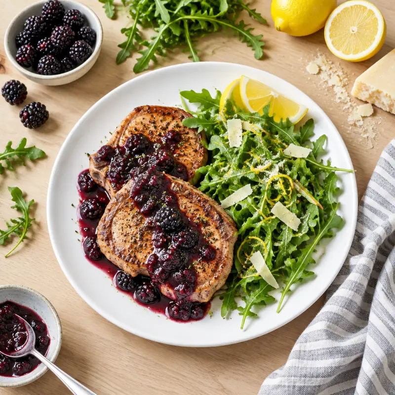 Pork Chops with Blackberry Sauce & Lemon Arugula Salad, plated