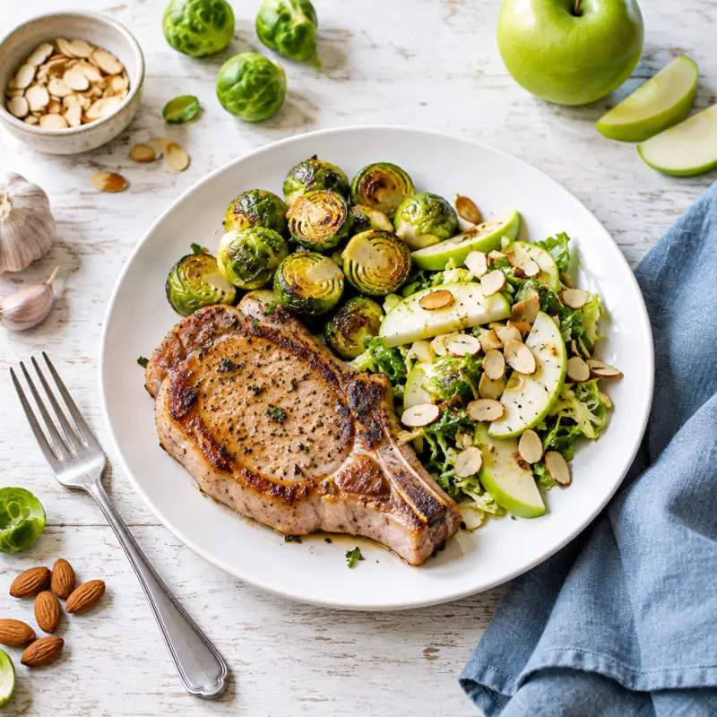 Pork Chops with Brussels Sprouts, Apple & Almond Salad, plated