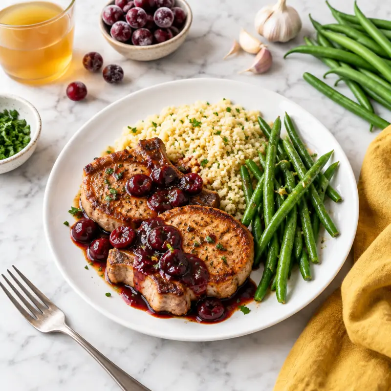 Pork Chops with Cherry Balsamic Sauce, Couscous & Green Beans, plated
