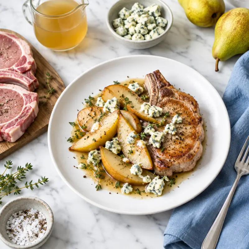 Pork Chops with Pears & Blue Cheese, plated