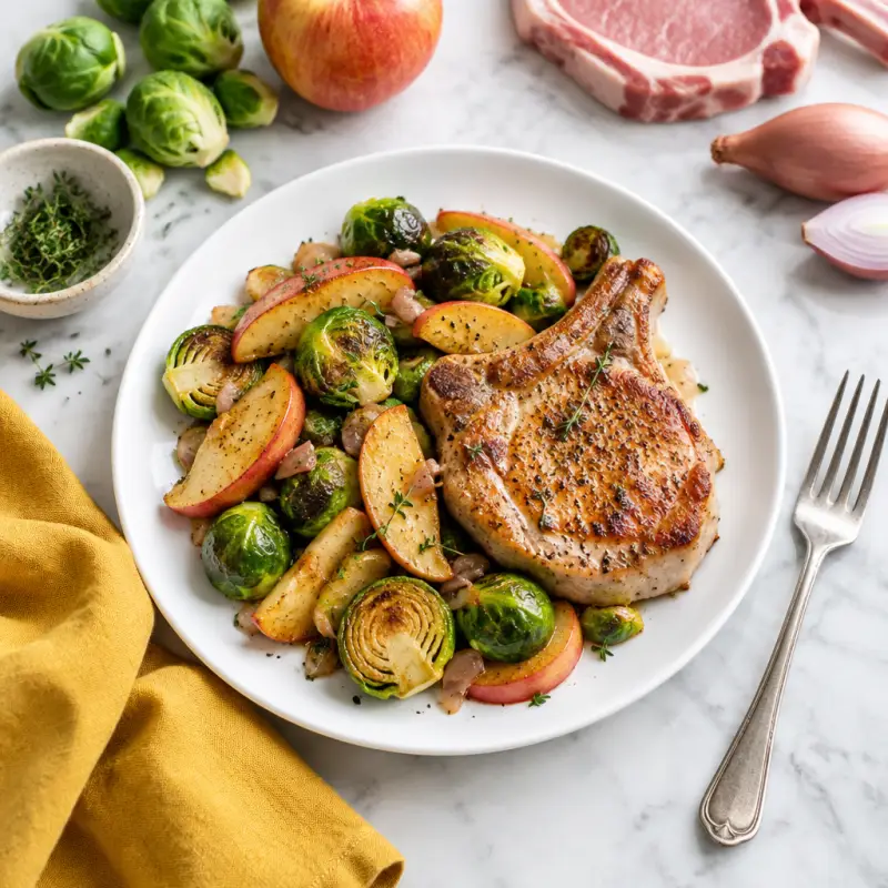 Pork Chops with Sautéed Apples & Brussels Sprouts, plated