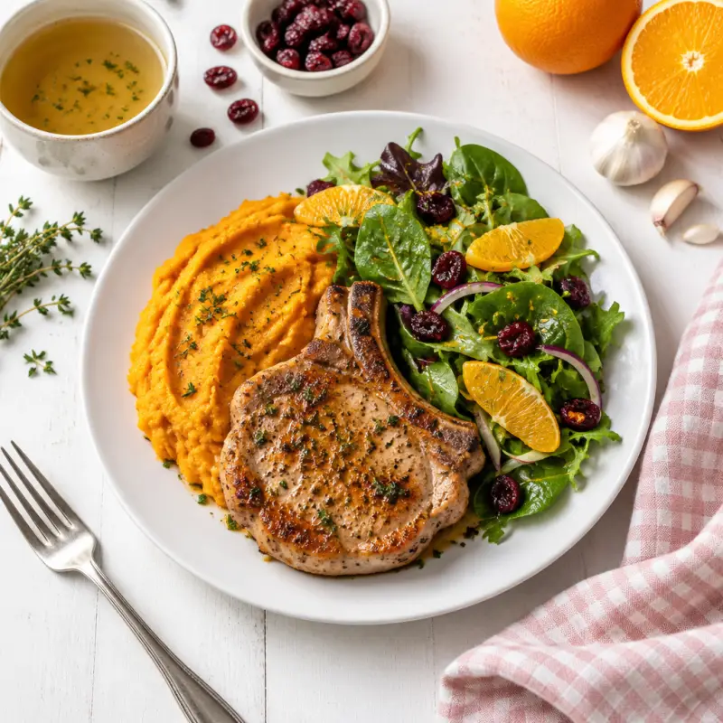 Pork Chops & Sweet Potato Mash with Citrus Baby Greens Salad, plated