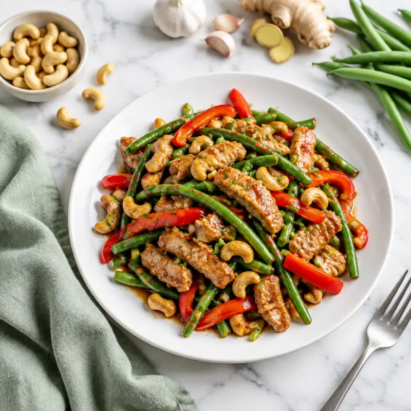 Pork, Green Bean & Bell Pepper Stir Fry with Cashews, plated