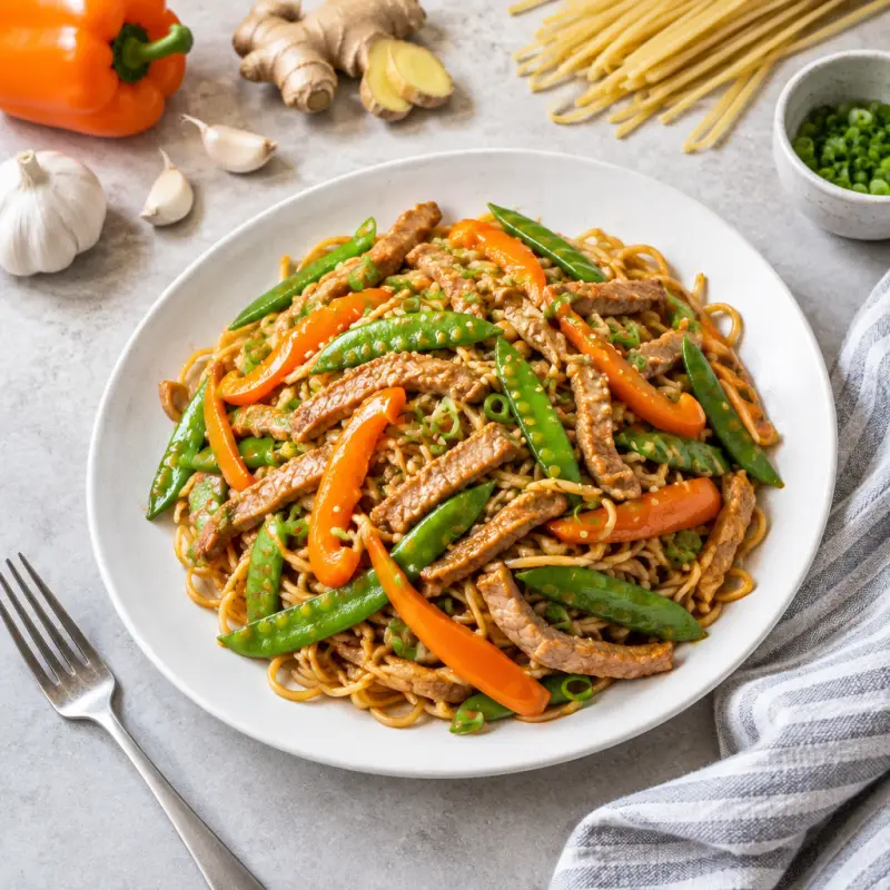 Pork Lo Mein with Bell Pepper & Sugar Snap Peas, plated