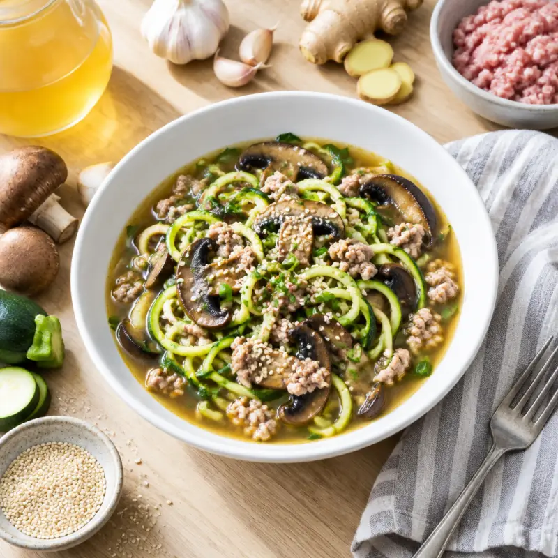 Pork, Portobello Mushroom & Zucchini Noodle Soup with Sesame Seeds, plated