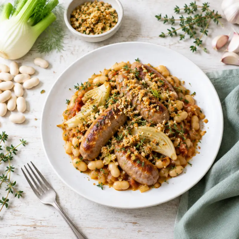 Pork Sausage "Cassoulet" with White Beans, Fennel & Thyme Bread Crumbs, plated