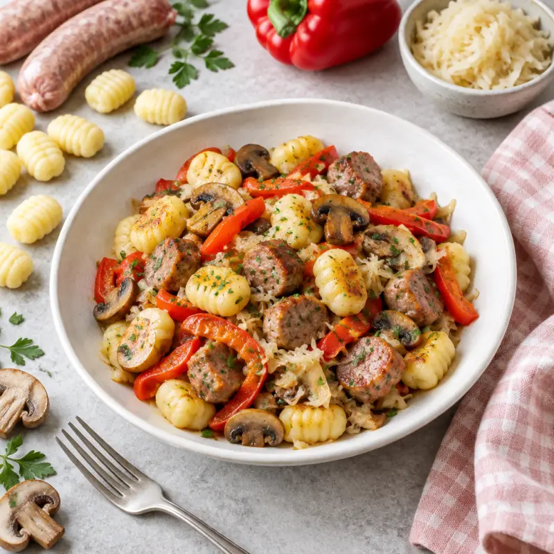 Pork Sausage-Gnocchi Skillet with Bell Pepper, Mushroom & Sauerkraut, plated