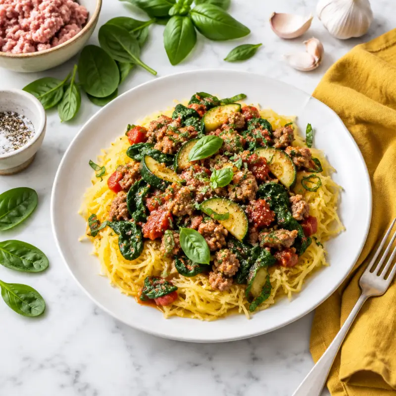 Pork Sausage Ragù with Zucchini, Spinach & Basil over Spaghetti Squash, plated