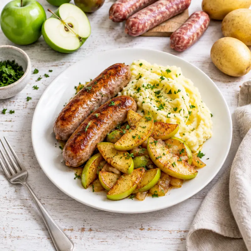 Pork Sausages with Sautéed Apples & Potato Mash, plated