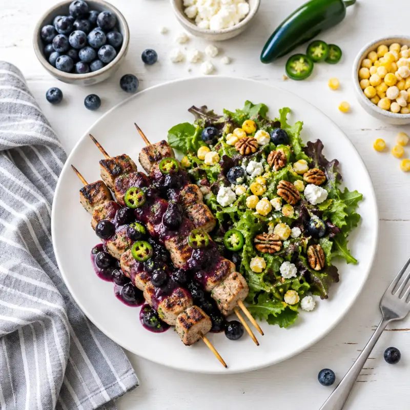 Pork Skewers with Jalapeño Blueberry Sauce & Feta-Pecan Mixed Greens, plated